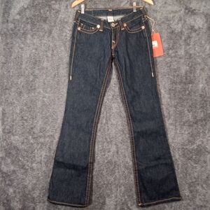 True Religion Blue Flare Wide Leg Jeans Eve Big T Low Rise Cowgirl Rodeo